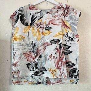 C&C California Womens Floral Print Linen Cap Sleeve Button-Down Top XL Casual